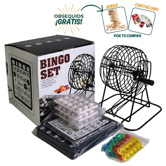 BINGO CON JAULA GIRATORIA + OBSEQUIOS: JENGA Y CARTAS UNO + ENVÍO GRATIS