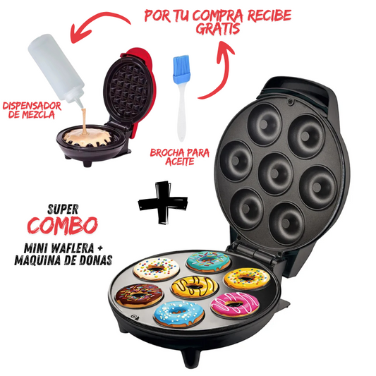 COMBO MINI WAFLERA + MAQUINA DE DONAS + OBSEQUIOS: DISPENSADOR DE MEZCLA Y BROCHA ACEITERA