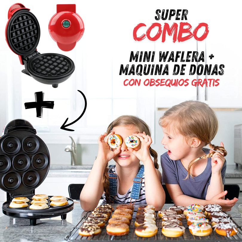 COMBO MINI WAFLERA + MAQUINA DE DONAS + OBSEQUIOS: DISPENSADOR DE MEZCLA Y BROCHA ACEITERA